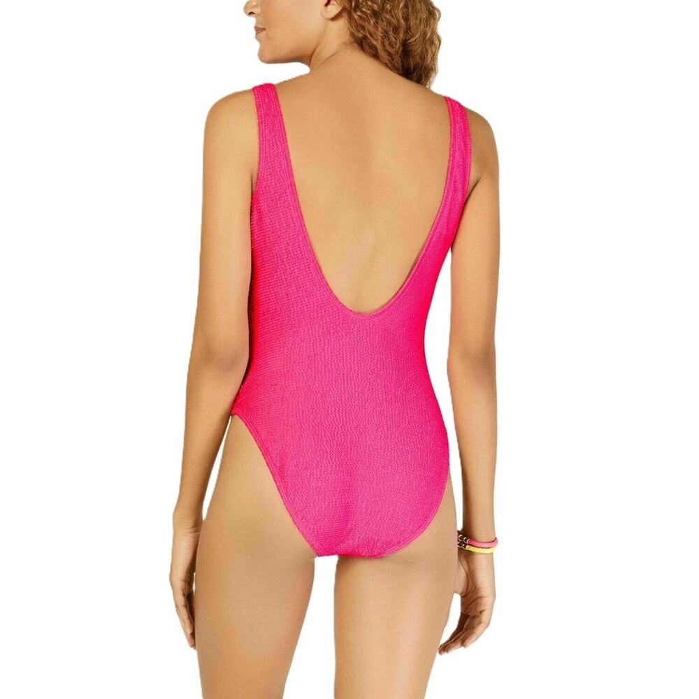 Hula Honey Juniors Pucker Up One Piece Swimsuit Small Pink Textured High Leg NWT - Picture 2 of 7